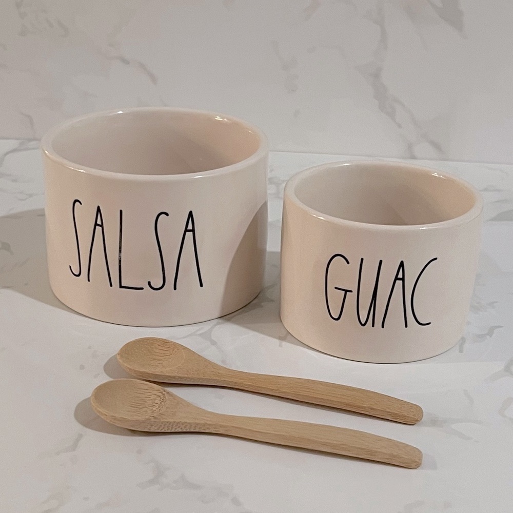 Authentic Rae Dunn Salsa & Guac Ceramic Bowls & Wooden Spoon Set